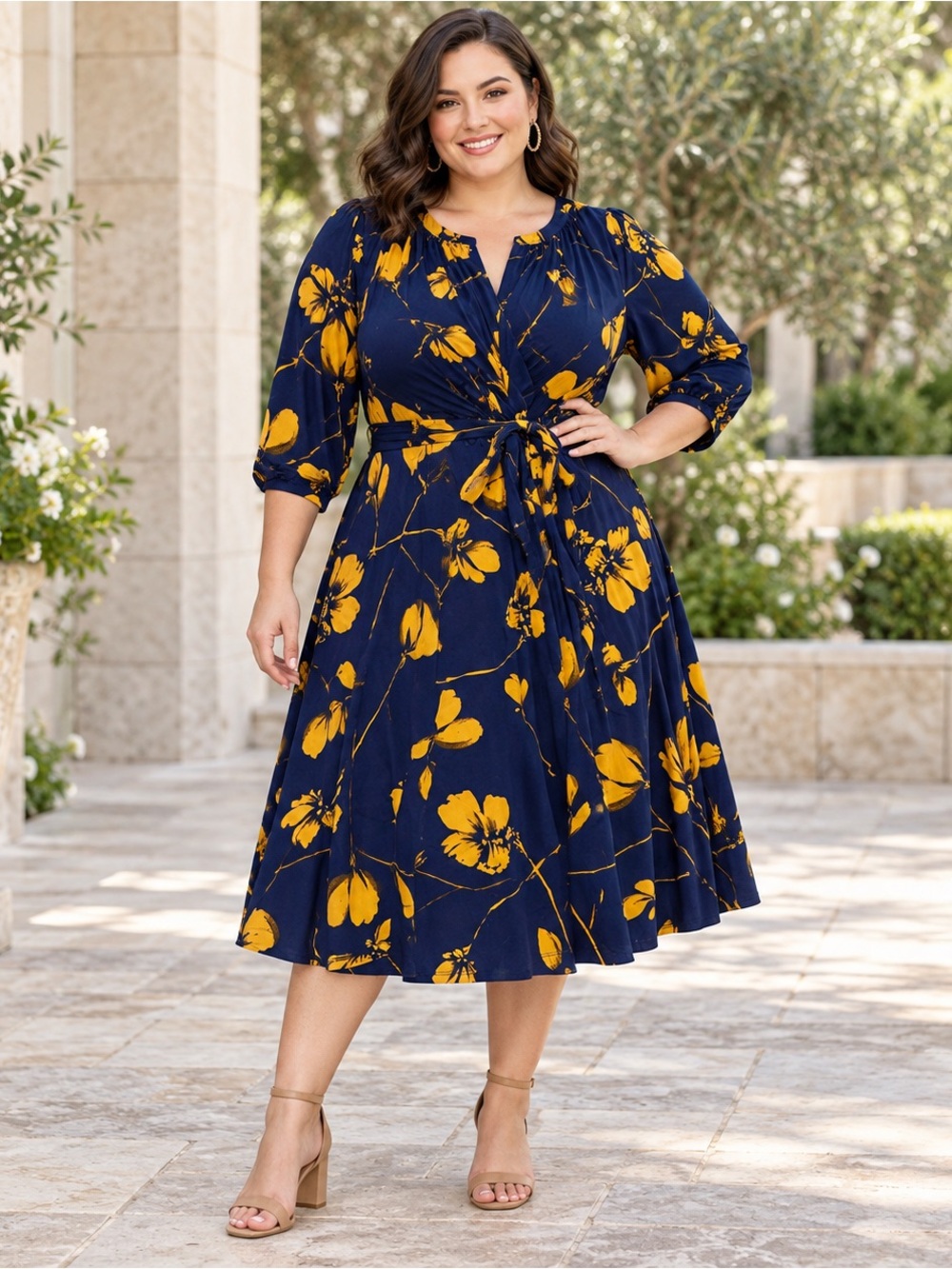 JM Collection Dress 20W Plus Navy Mustard Floral Belted 3/4 Sleeve Midi